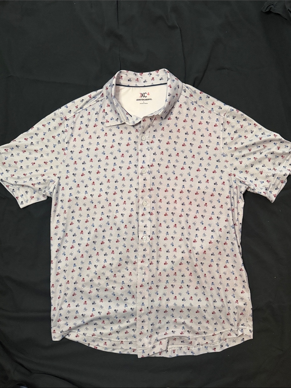 Johnston & Murphy White Short-Sleeve Button-Down with Red & Blue Skull Print